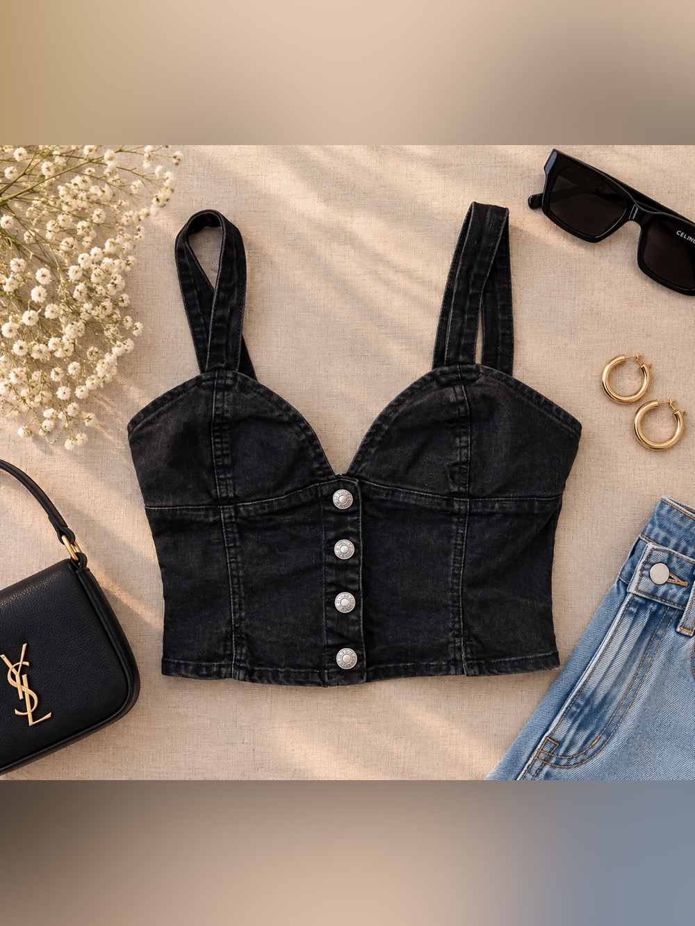 Black Denim Button-Front Crop Bustier Top